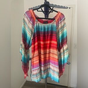 New Directions Vibrant Striped Blouse - Red, Blue, Orange